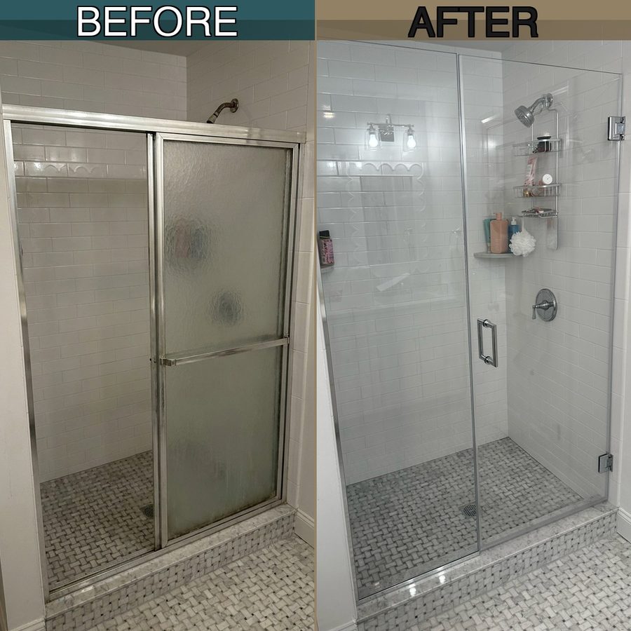 Before and after shower door replacement Newton MA matte black