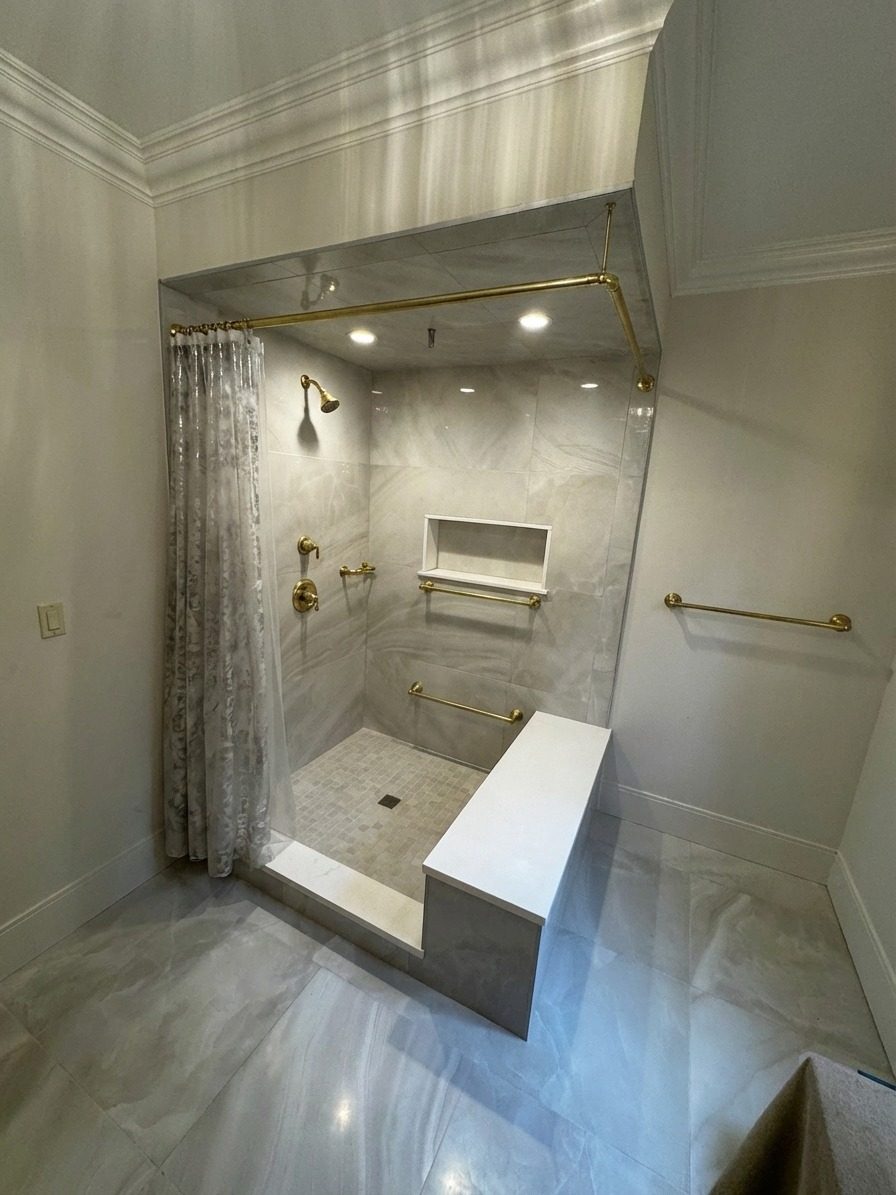 Open marble shower to frameless walk-in Wellesley Hills brushed nickel