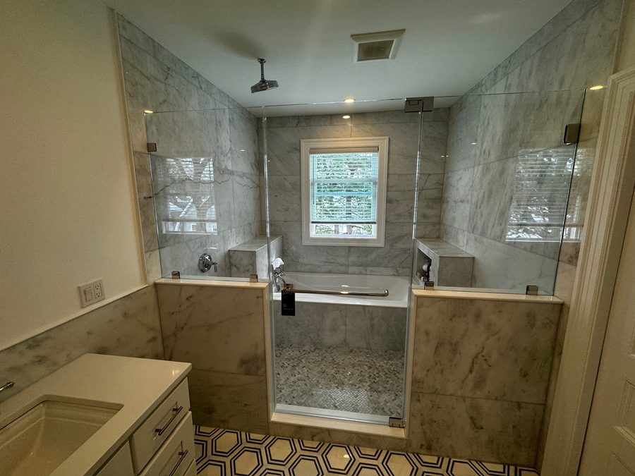 Frameless corner shower enclosure Wellesley Hills brushed gold