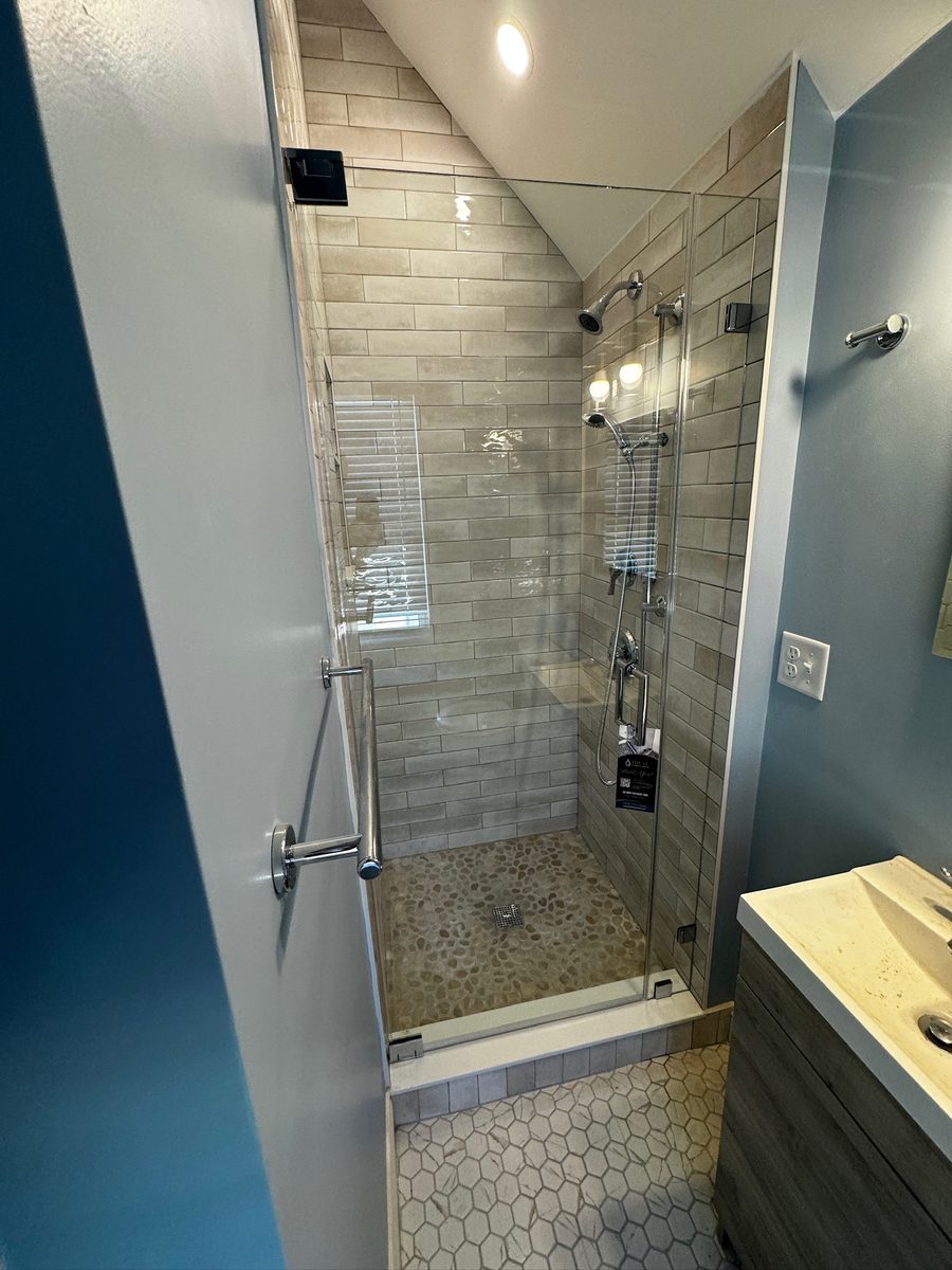 Tub enclosure frameless pivot Lexington MA chrome hardware